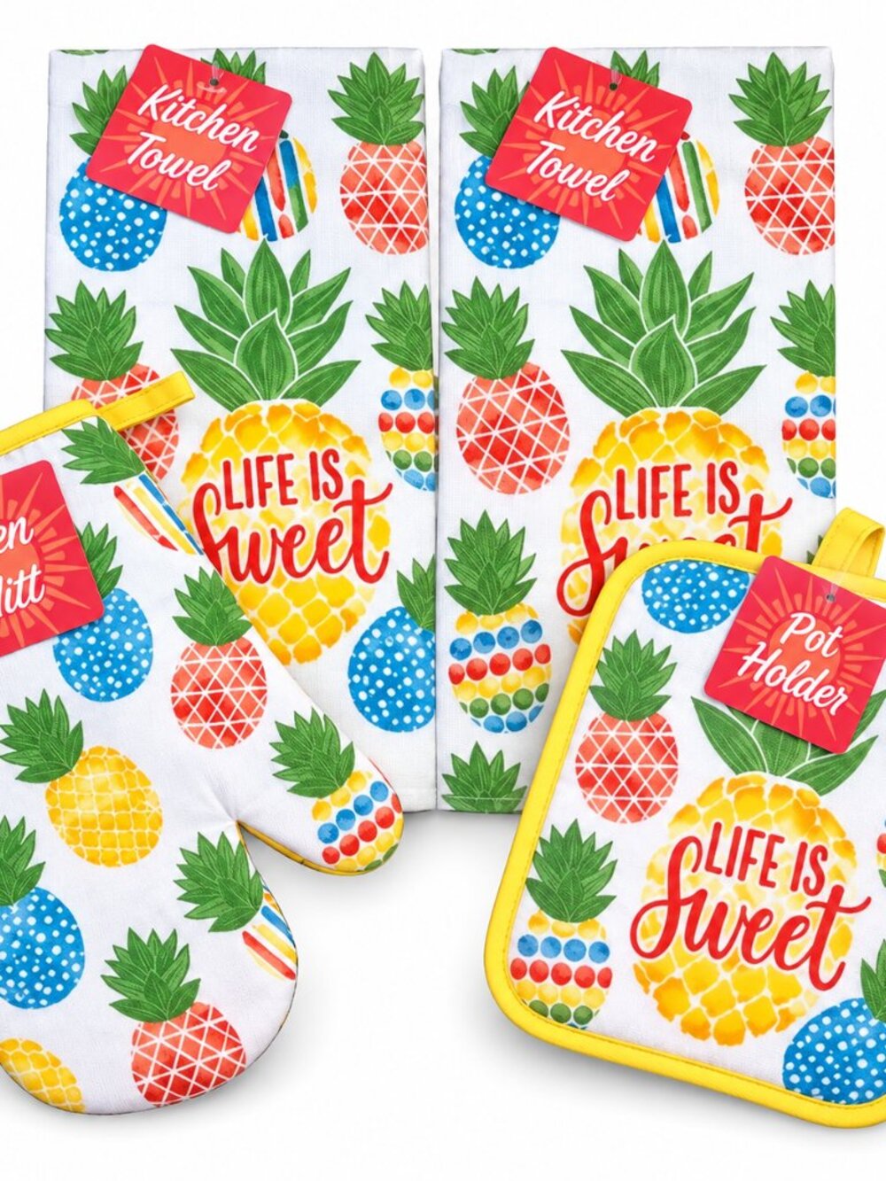 Life is Sweet Pineapple Kitchen Dish Towels Oven Mitt Potholder Beach Set of 4